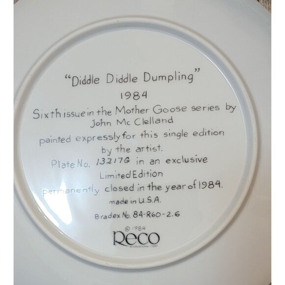Reco Collectible Plate 1984 Mother Goose Diddle Dumpling John McClelland #13217G - Picture 5 of 12